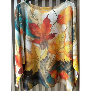 L45 Loowie Cream Fall Leaves Round Neck Knit Printed Sweater One Size